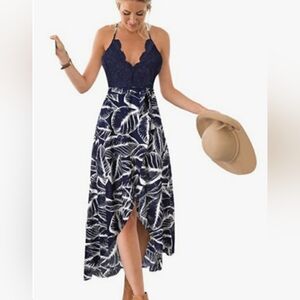 Blooming Jelly Blue Palm Deep V-Neck High-Low Maxi Dress Women's